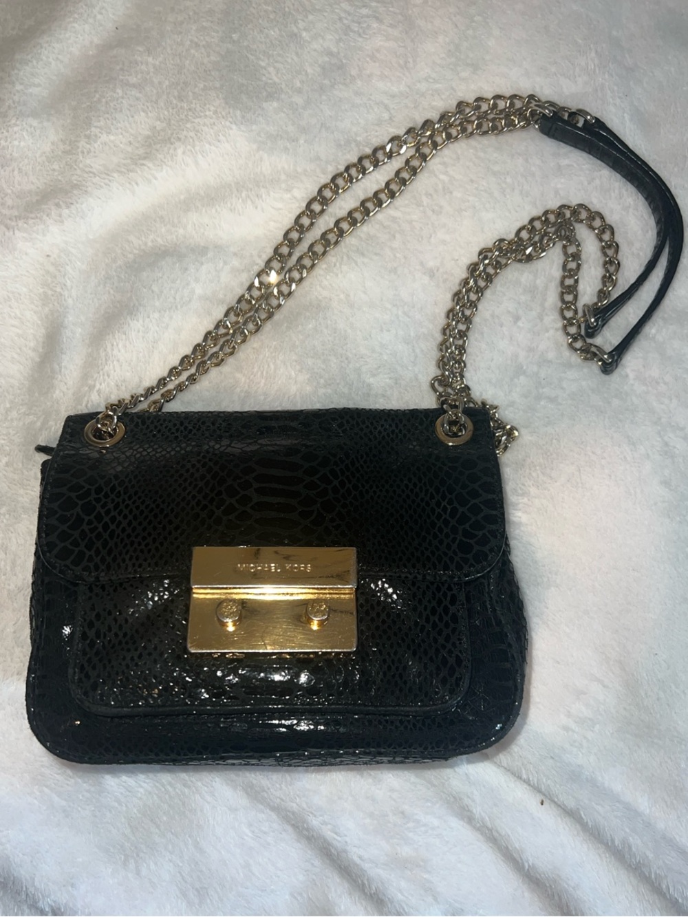 Michael Kors Black Snake-Embossed Patent Leather Chain Crossbody